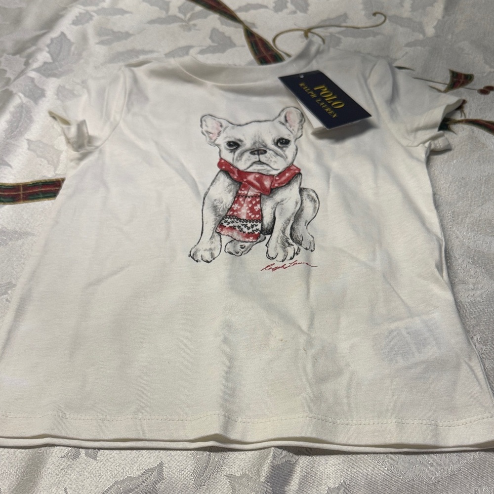 Polo by Ralph Lauren White Kids Tee with Puppy Graphic and Red Scarf